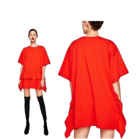 Zara W/B NEW Oversized Poplin Ruffles Dress Lightweight Boxy Tunic Cotton Shift - Picture 1 of 16
